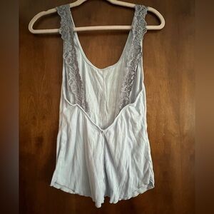 Free People Lace-Trimmed Gray Blue Tank with low back and lace accents